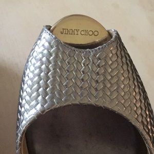 Jimmy Choo Silver Praise Slingback Corked Wedges